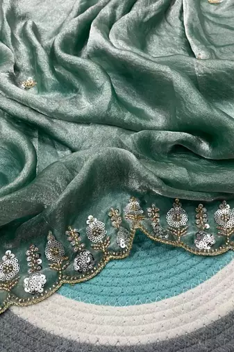 Blue Color Embroidery Work Of Beads & Sequins Work Fendy Satin Silk Saree