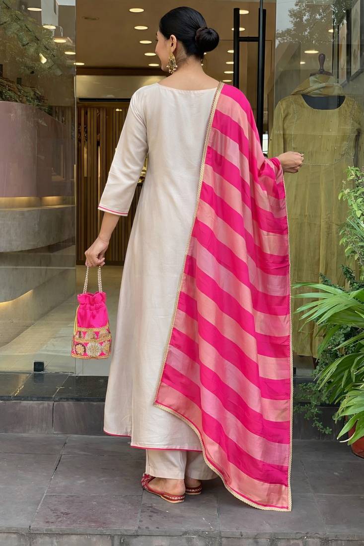 Cream silk blend embroidered salwar kameez