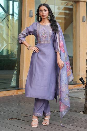 Grey cotton silk embroidered ceremonial salwar suit