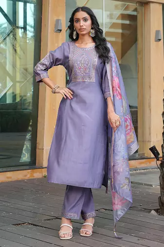 Grey cotton silk embroidered ceremonial salwar suit