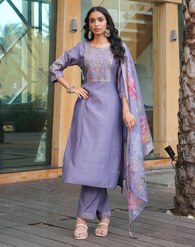 Grey cotton silk embroidered ceremonial salwar suit