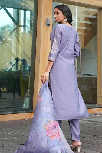 Grey cotton silk embroidered ceremonial salwar suit