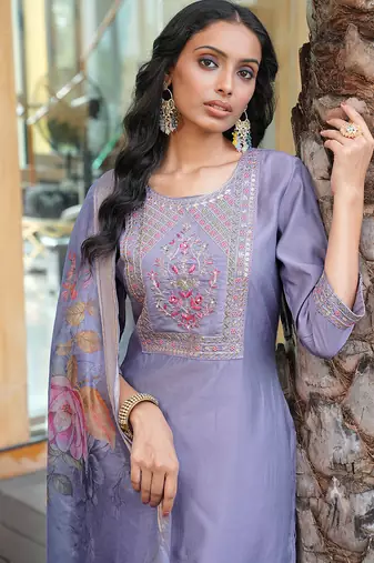 Grey cotton silk embroidered ceremonial salwar suit