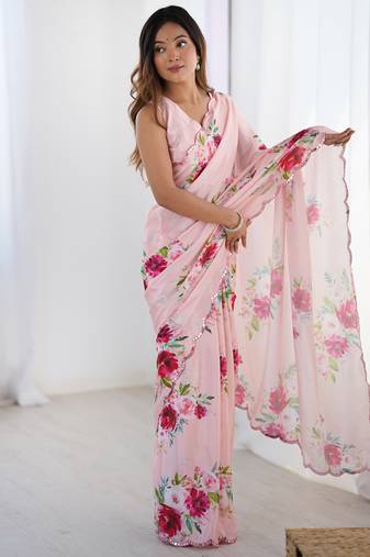 baby pink chinon silk blend print work with mirror work border designer saree