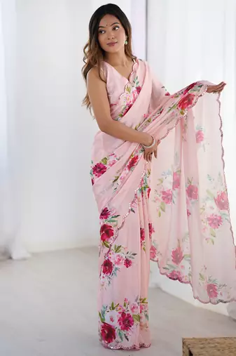 baby pink chinon silk blend print work with mirror work border designer saree