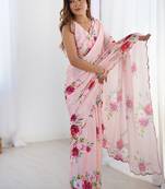 baby pink chinon silk blend print work with mirror work border designer saree