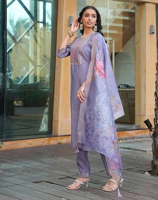 Grey cotton silk embroidered ceremonial salwar suit 4