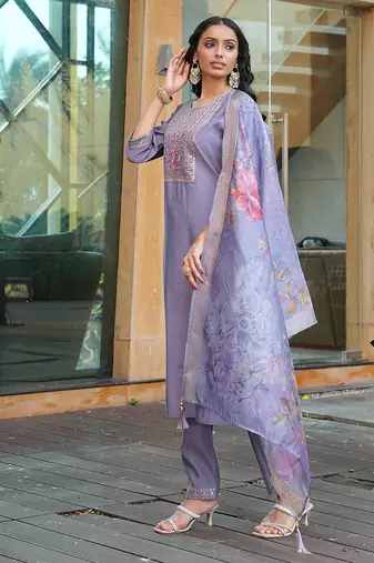 Grey cotton silk embroidered ceremonial salwar suit