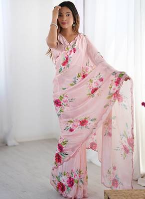 baby pink chinon silk blend print work with mirror work border designer saree 2