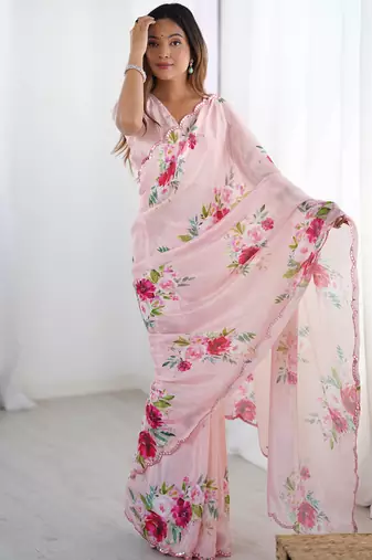 baby pink chinon silk blend print work with mirror work border designer saree