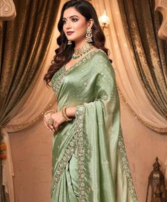 Green Color Embroidery Work Of Beads & Sequins Work Fendy Satin Silk Blend Saree 1