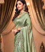Green Color Embroidery Work Of Beads & Sequins Work Fendy Satin Silk Blend Saree