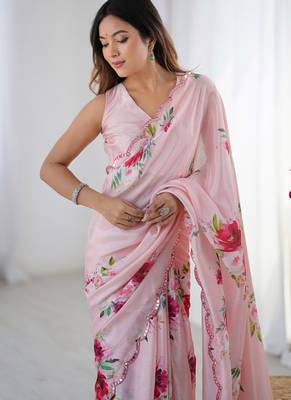 baby pink chinon silk blend print work with mirror work border designer saree 3
