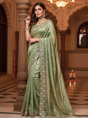 Green Color Embroidery Work Of Beads & Sequins Work Fendy Satin Silk Blend Saree 2