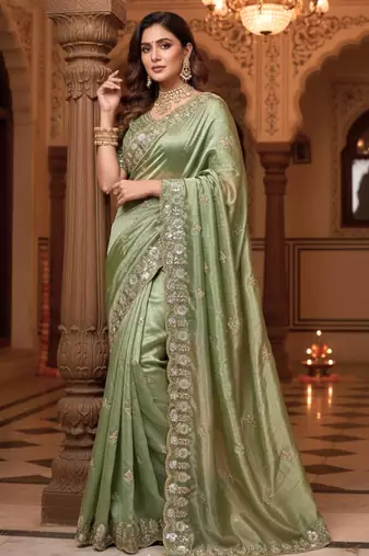 Green Color Embroidery Work Of Beads & Sequins Work Fendy Satin Silk Blend Saree