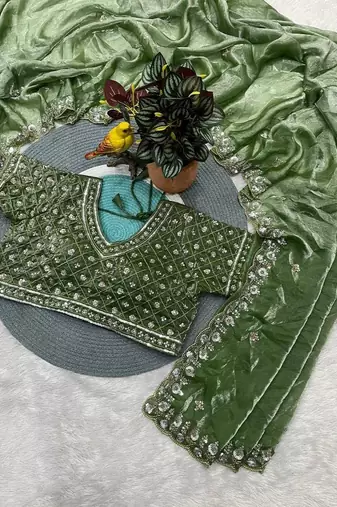 Green Color Embroidery Work Of Beads & Sequins Work Fendy Satin Silk Blend Saree