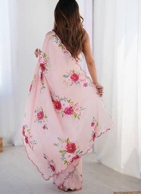 baby pink chinon silk blend print work with mirror work border designer saree 4