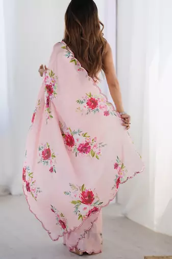 baby pink chinon silk blend print work with mirror work border designer saree
