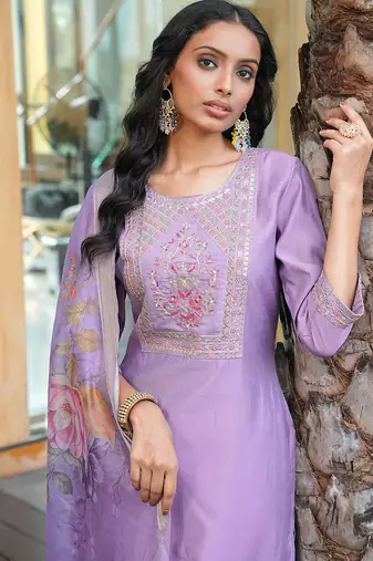 Purple cotton silk embroidered ceremonial salwar suit