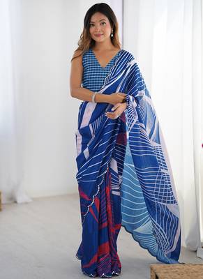 blue chinon silk blend print work with mirror work border designer saree 1