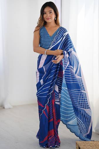 blue chinon silk blend print work with mirror work border designer saree
