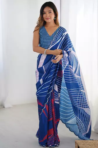 blue chinon silk blend print work with mirror work border designer saree