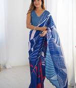 blue chinon silk blend print work with mirror work border designer saree