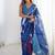 blue chinon silk blend print work with mirror work border designer saree