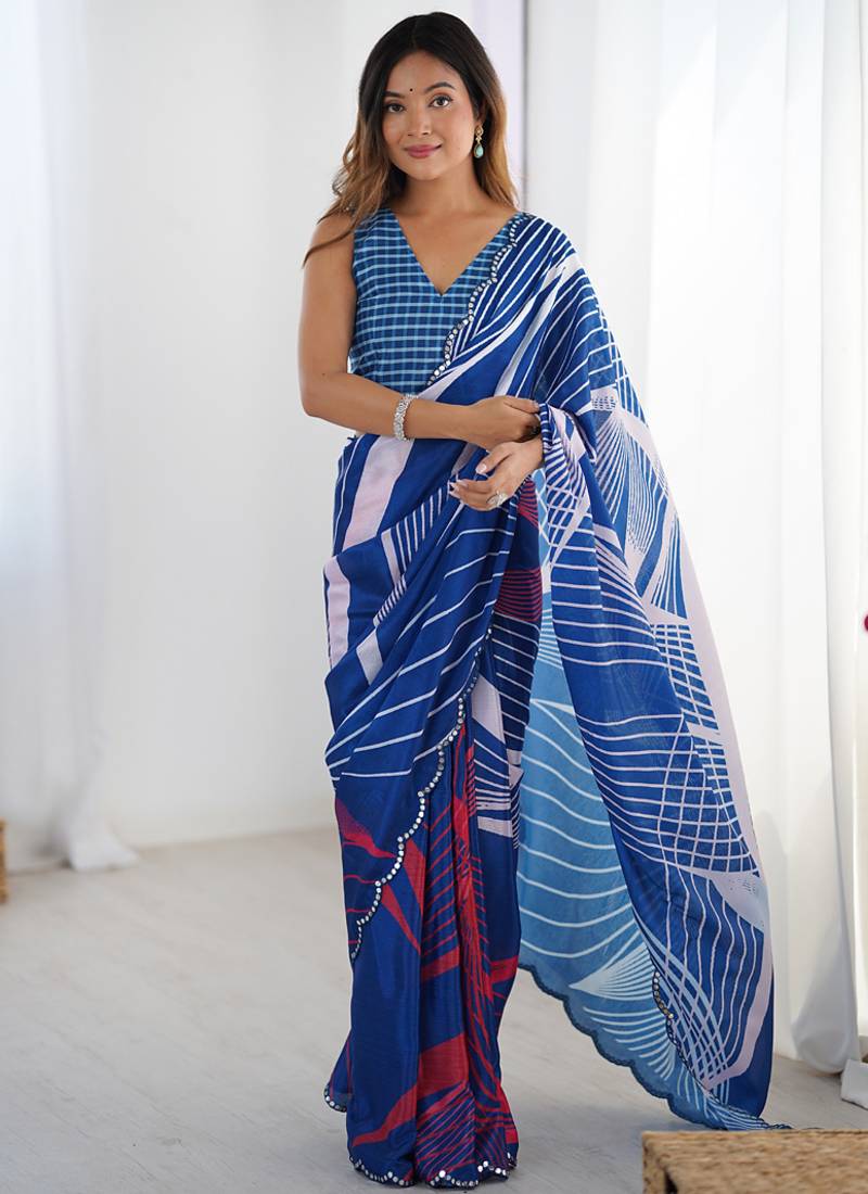 blue chinon silk blend print work with mirror work border designer saree