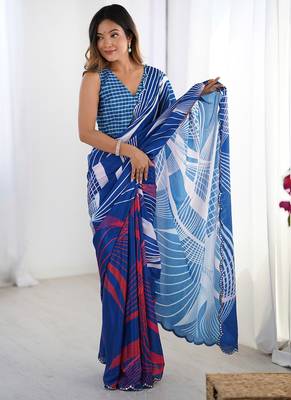 blue chinon silk blend print work with mirror work border designer saree 2