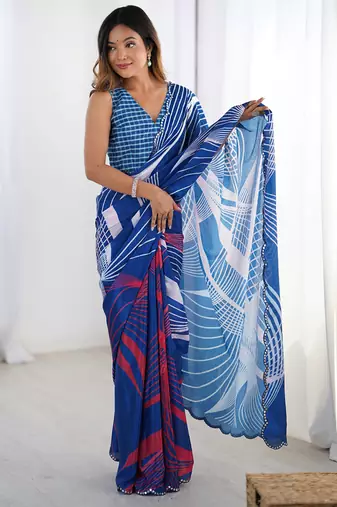 blue chinon silk blend print work with mirror work border designer saree