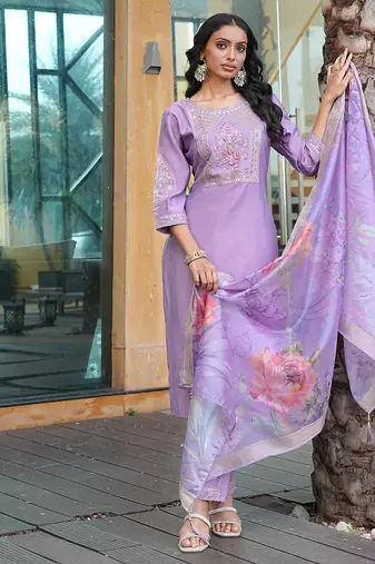Purple cotton silk embroidered ceremonial salwar suit