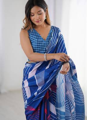 blue chinon silk blend print work with mirror work border designer saree 3