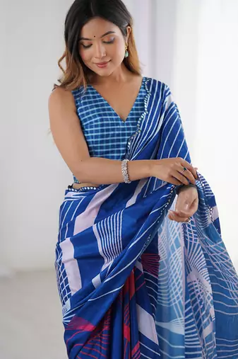 blue chinon silk blend print work with mirror work border designer saree