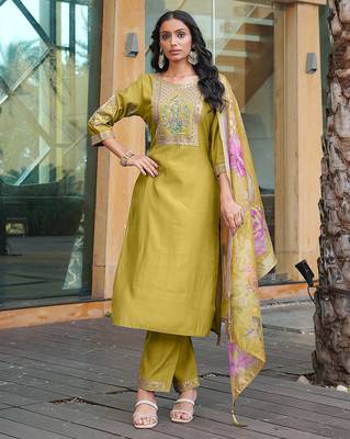 Yellow cotton silk embroidered ceremonial salwar suit 1