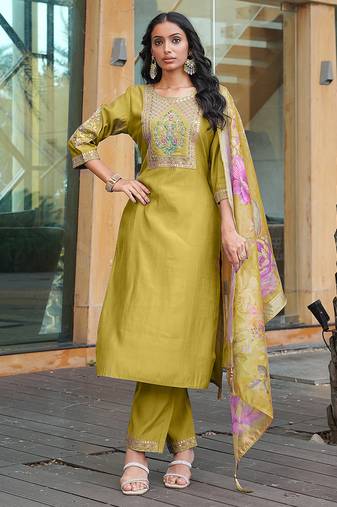 Yellow cotton silk embroidered ceremonial salwar suit