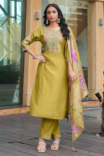 Yellow cotton silk embroidered ceremonial salwar suit