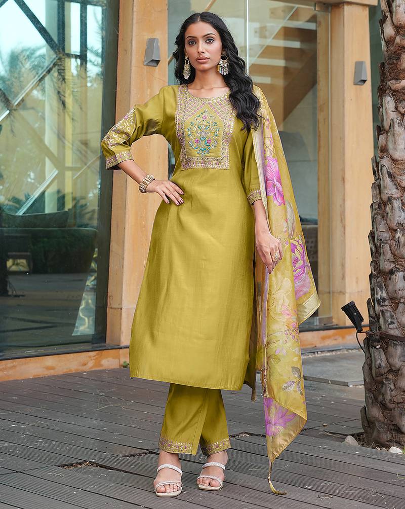 Yellow cotton silk embroidered ceremonial salwar suit