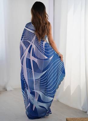 blue chinon silk blend print work with mirror work border designer saree 4