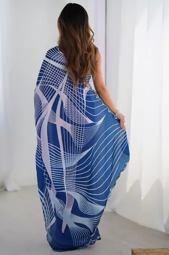 blue chinon silk blend print work with mirror work border designer saree