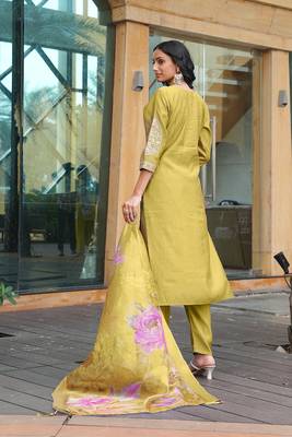 Yellow cotton silk embroidered ceremonial salwar suit 2
