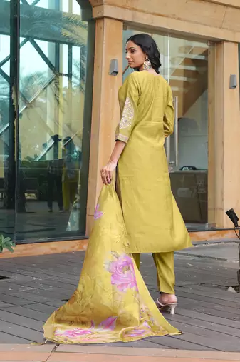 Yellow cotton silk embroidered ceremonial salwar suit