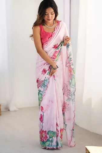 baby pink chinon silk blend print work with mirror work border designer saree