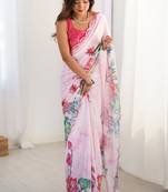 baby pink chinon silk blend print work with mirror work border designer saree
