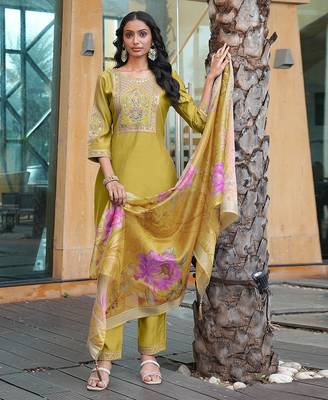 Yellow cotton silk embroidered ceremonial salwar suit 3