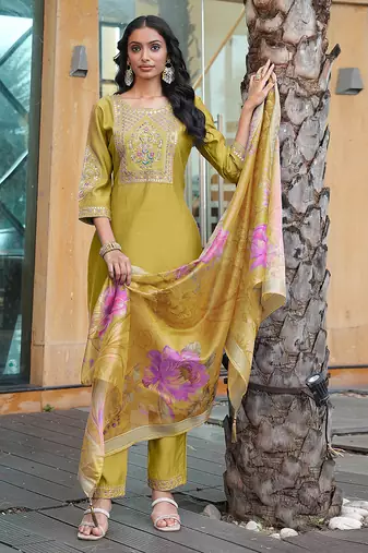 Yellow cotton silk embroidered ceremonial salwar suit