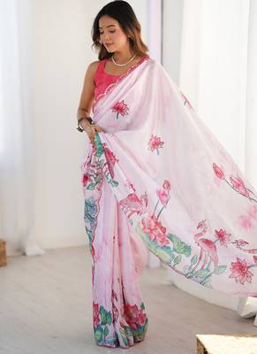 baby pink chinon silk blend print work with mirror work border designer saree 2