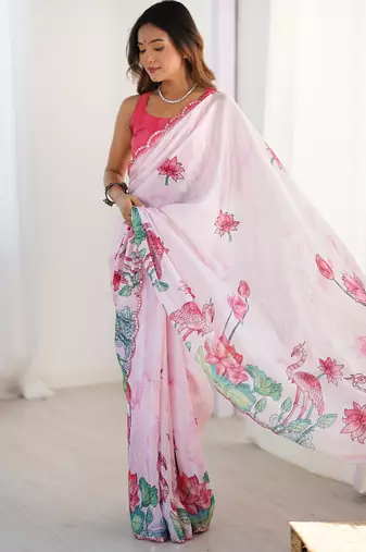 baby pink chinon silk blend print work with mirror work border designer saree