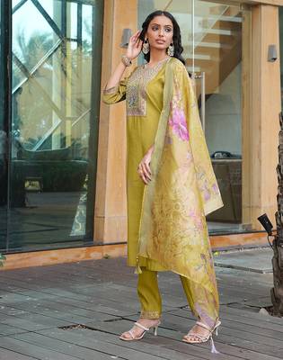 Yellow cotton silk embroidered ceremonial salwar suit 4