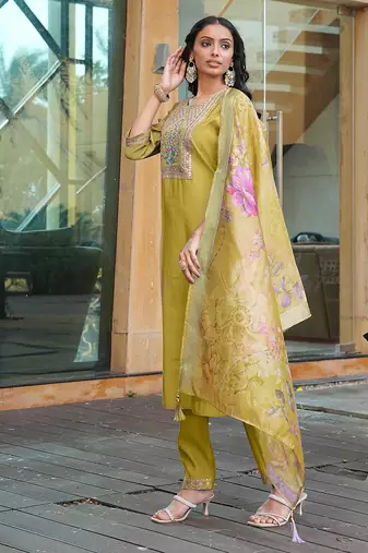 Yellow cotton silk embroidered ceremonial salwar suit
